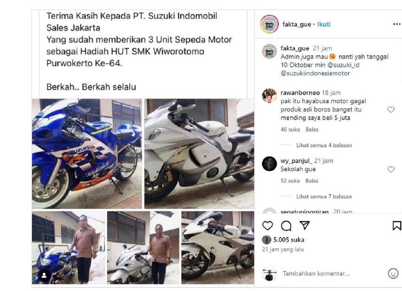Viral, 3 Moge Suzuki Hayabusa Ratusan Juta Jadi Hadiah HUT SMK di Purwokerto